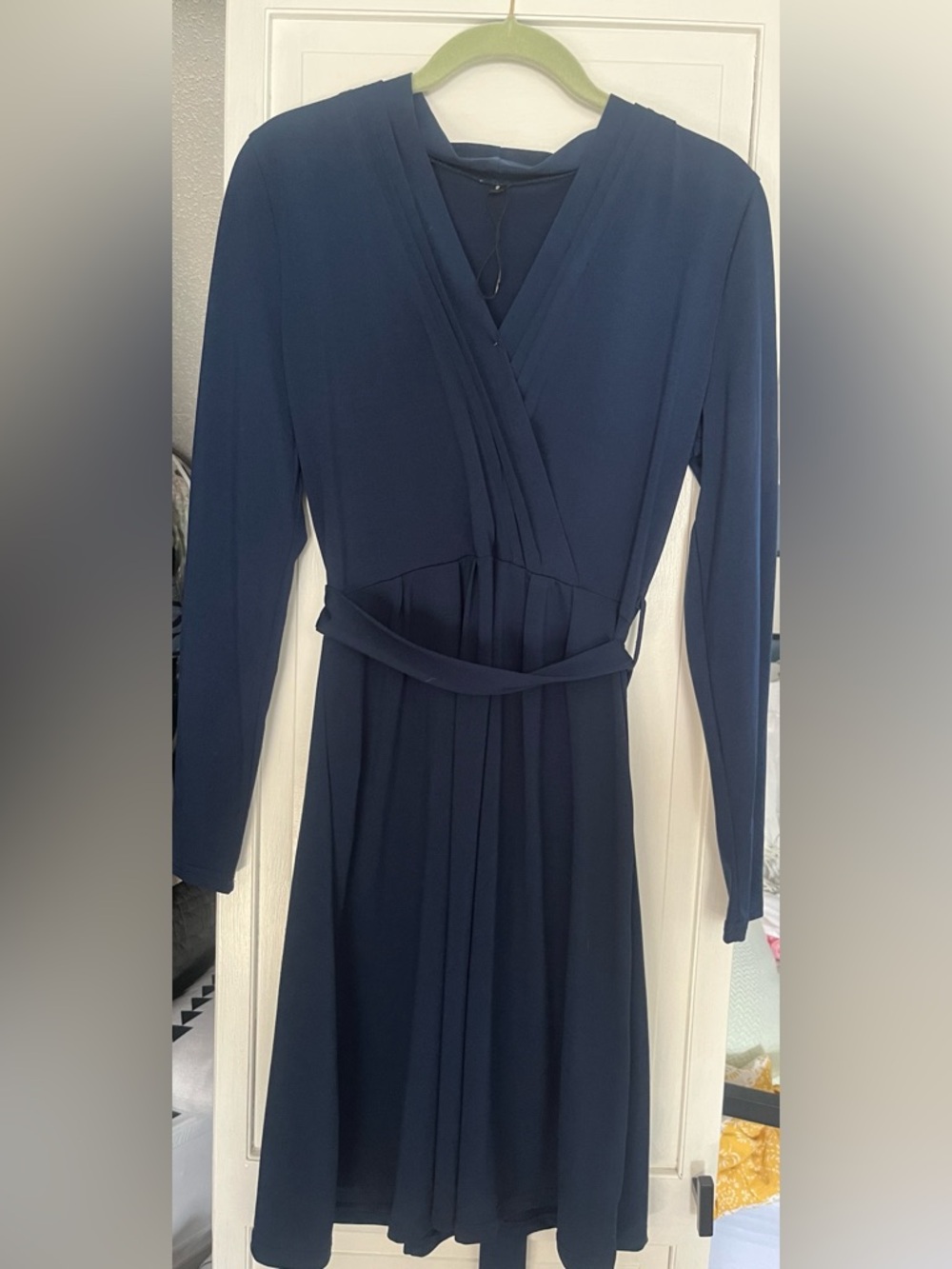 Elegant Navy Long-Sleeve faux Wrap Dress